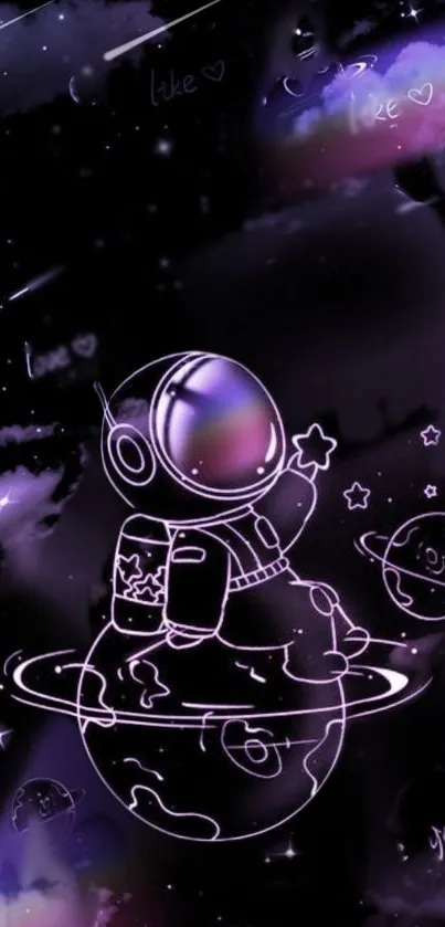 Illustration of an astronaut on a cosmic journey with stars and planets.