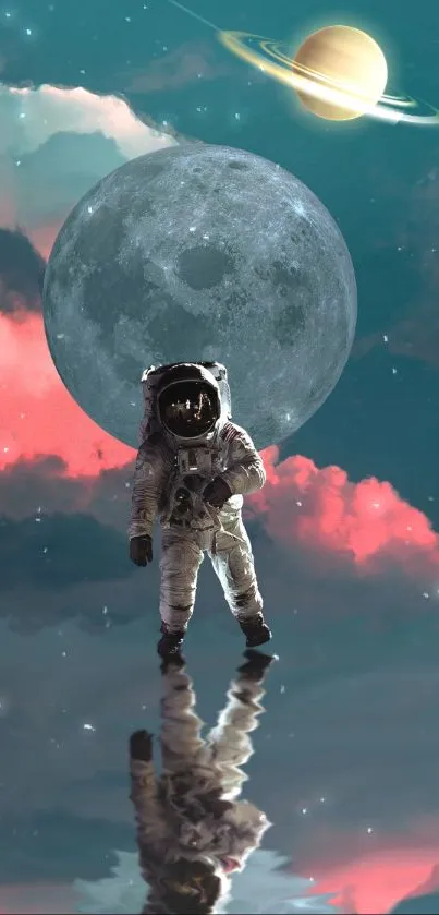 Astronaut with moon and Saturn in cosmic dreamscape, reflecting on water.