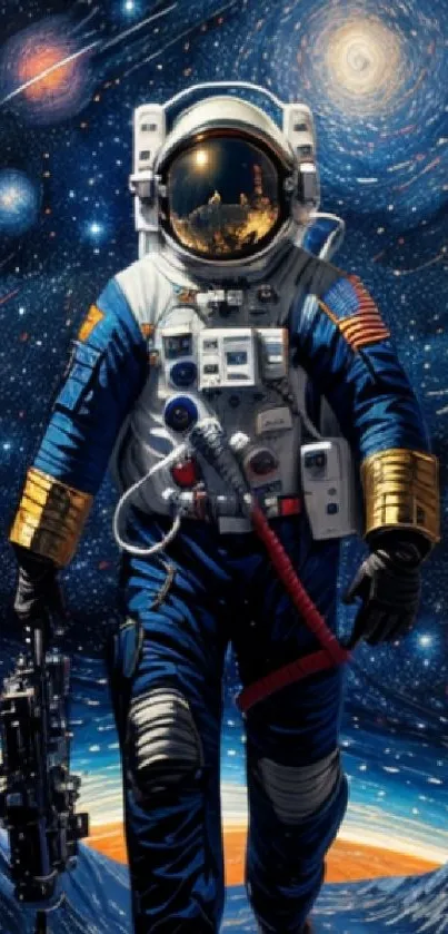 Astronaut exploring a vibrant, starry galaxy.