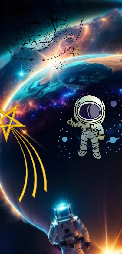 Animated astronauts exploring a cosmic universe.