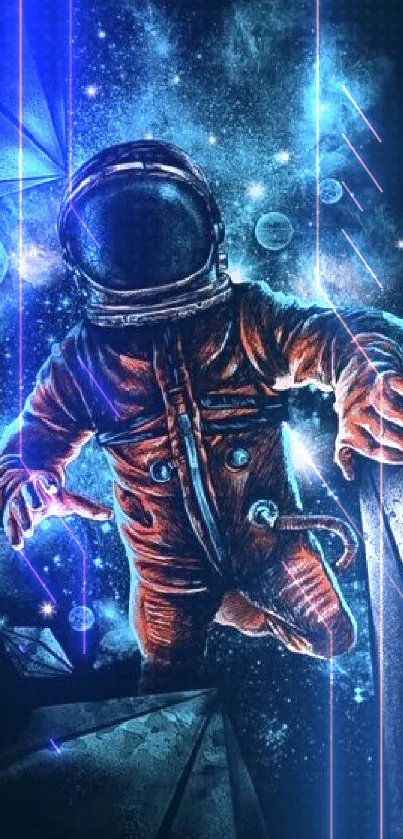 Astronaut floating through cosmic galaxy background.