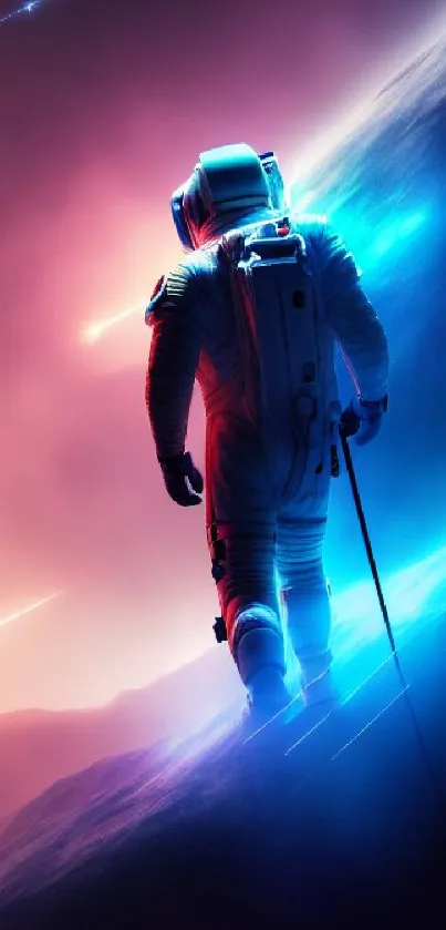 Astronaut walking in vibrant cosmic light of blue and orange hues.