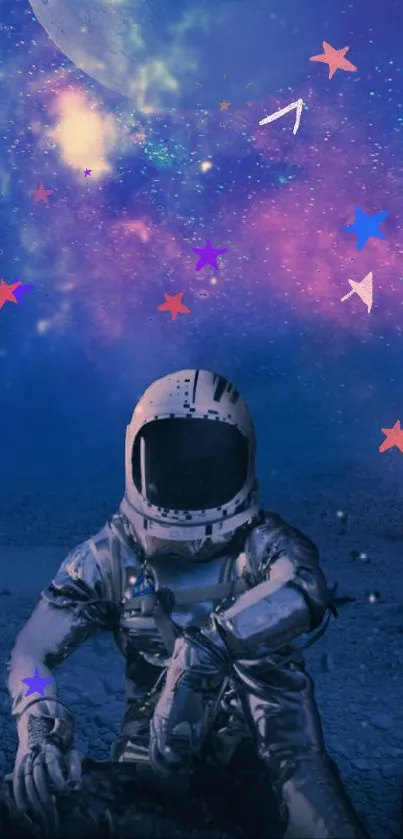 Astronaut under vibrant galaxy sky wallpaper.