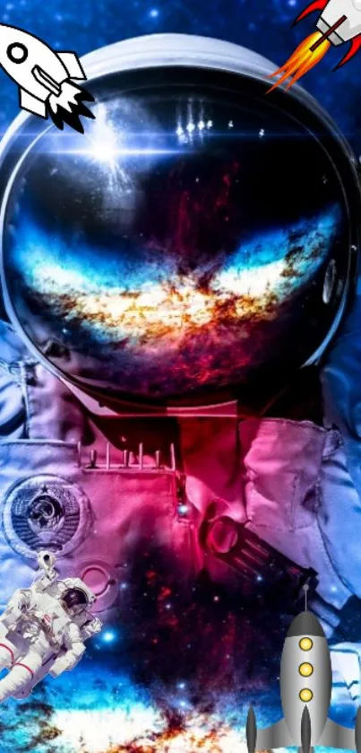 Astronaut with cosmic reflections and cartoon rockets on mobile wallpaper.