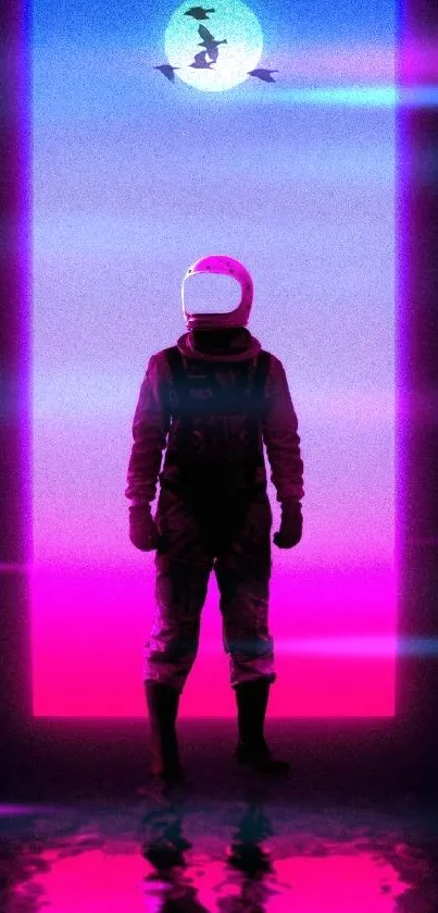 Astronaut standing in neon doorway with reflective surface.