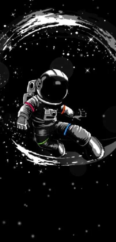 Astronaut surfing in space with colorful cosmic backdrop.