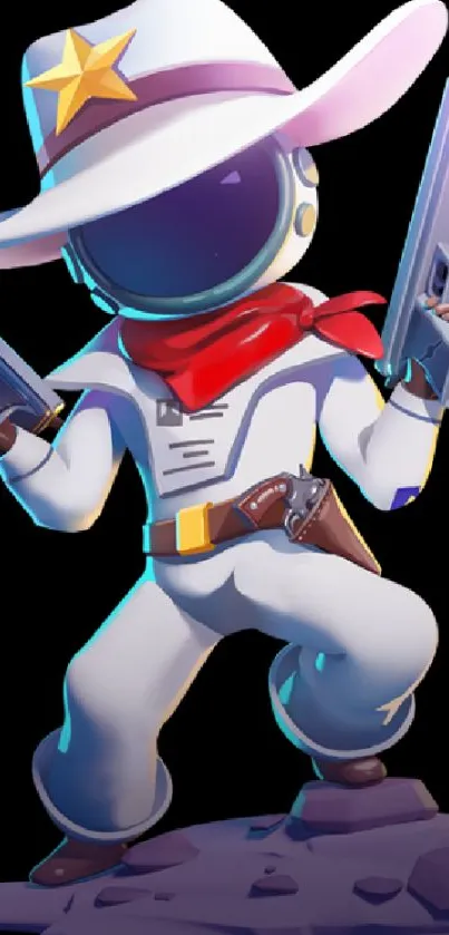 Astronaut cowboy with guns on mobile wallpaper.