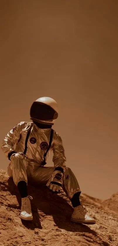 Astronaut seated in a rocky desert with a sepia toned sky.