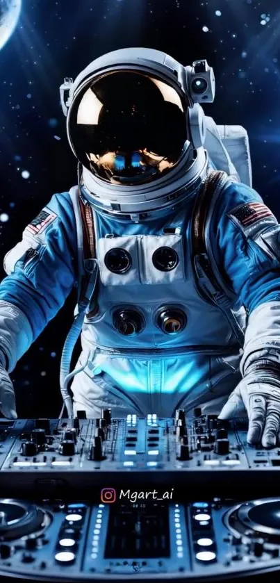 Astronaut DJ mixing tracks in outer space.