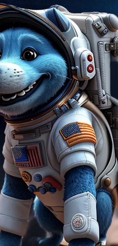 Playful blue dog in astronaut suit on starry background.