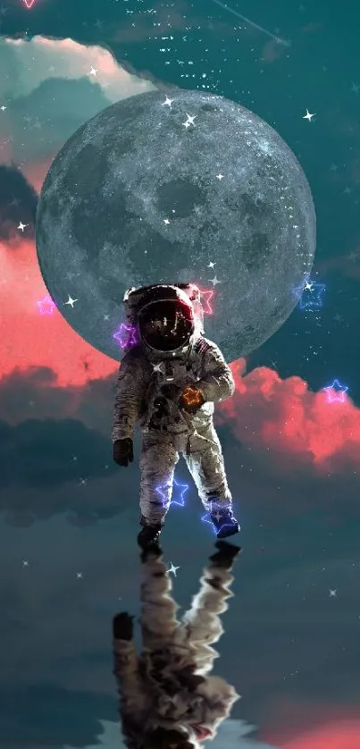 Astronaut walking in front of a cosmic galaxy with teal moon and clouds backdrop.