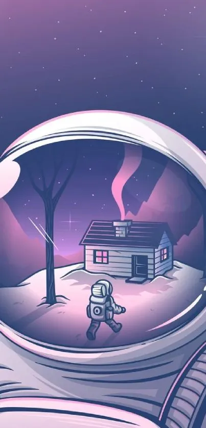 Astronaut visor reflecting a cabin in a dreamy space landscape.