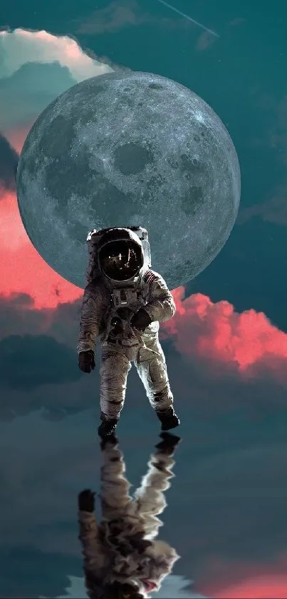 Astronaut with moon backdrop on reflective surface.