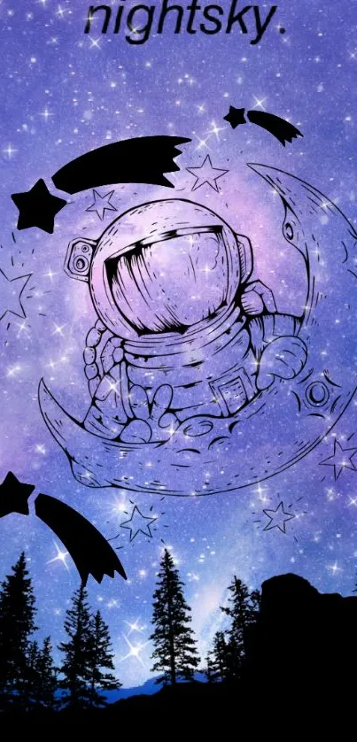 Whimsical astronaut on crescent moon in a starry night sky.