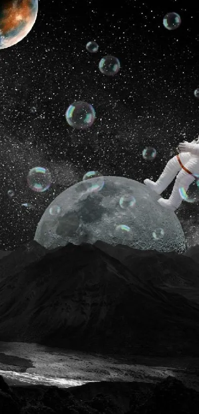 Surreal cosmic landscape with astronaut among bubbles.