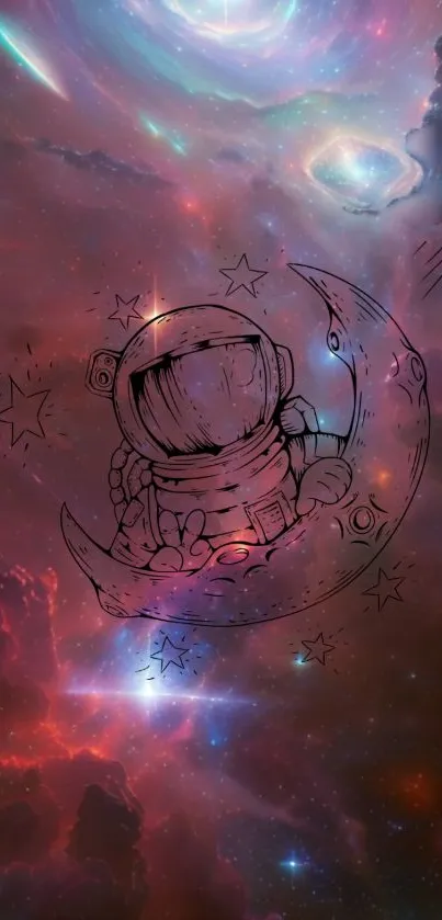 Astronaut sketch on a vibrant space background with nebulae and stars.