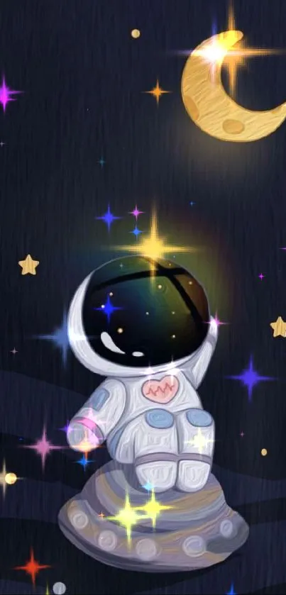 Whimsical astronaut beneath a crescent moon and stars on a dark night sky.