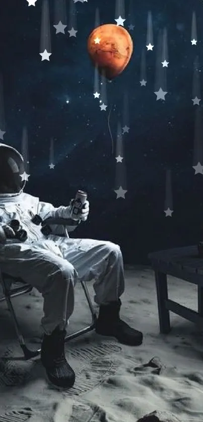 Astronaut sits under night sky with balloon and fireworks.