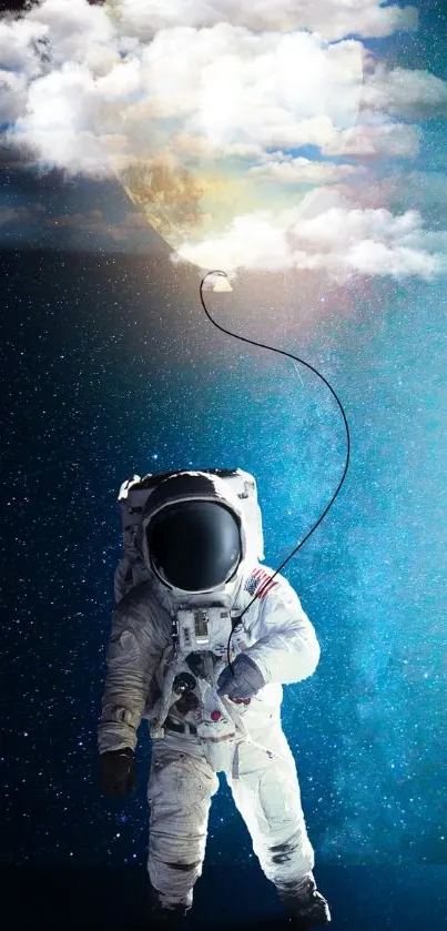 Astronaut with moon balloon floating in a starry space.