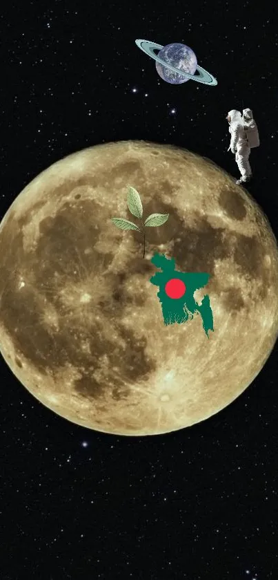 Astronaut on moon with plant and map, space art.