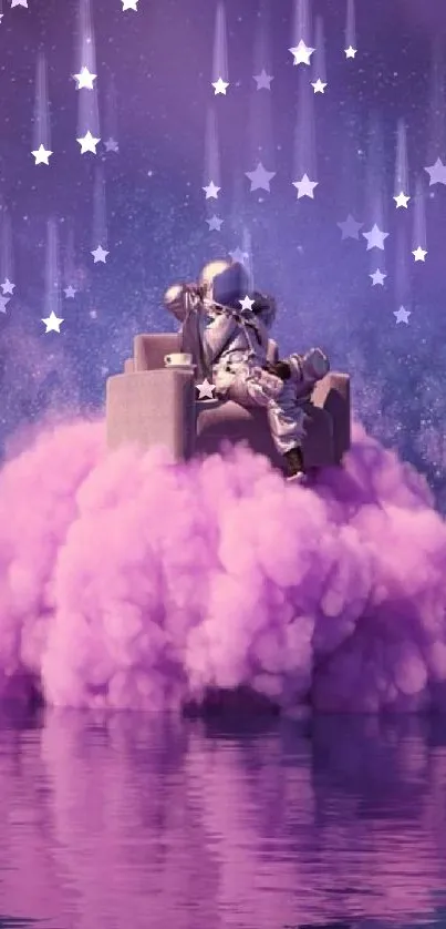 Astronaut sitting on a pink cloud with a starry purple background.