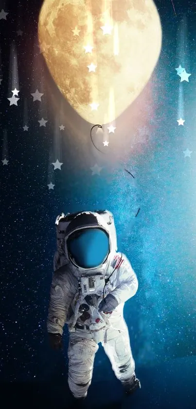 Astronaut floating under moon with stars in a dark blue sky.