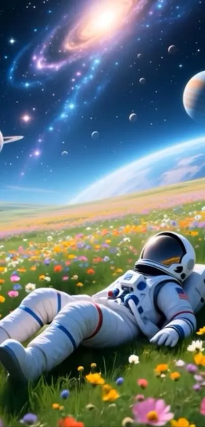 Astronaut relaxing in a flower field under a galaxy sky.
