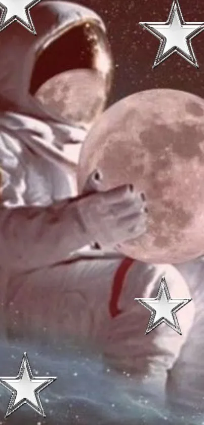 Astronaut holding moon with stars in cosmic scene.