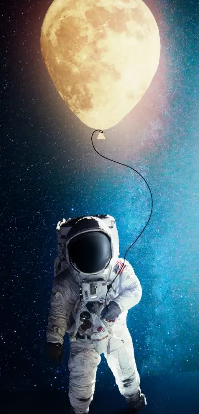 Astronaut holds moon balloon against starry sky.