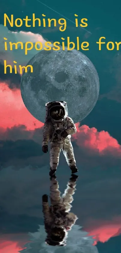 Astronaut stands under moon with reflective surface, vibrant sky, and motivational text.