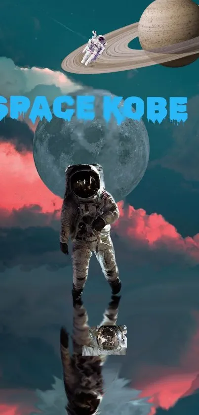 Surreal astronaut with moon and Saturn in background, creating a dreamlike space scene.