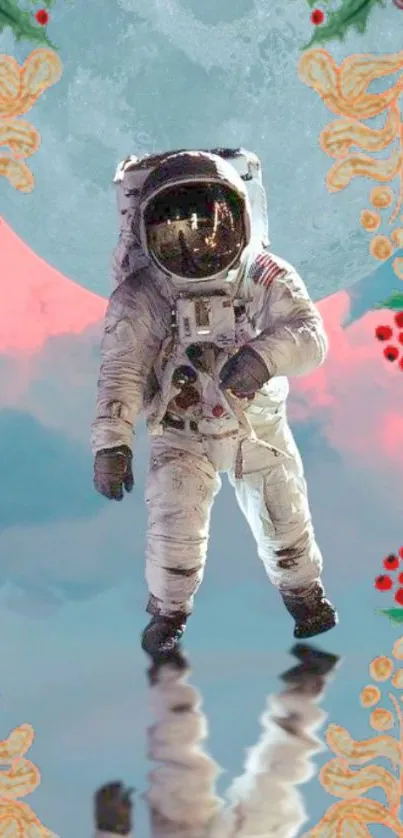 Astronaut in a surreal, colorful cosmic scene.