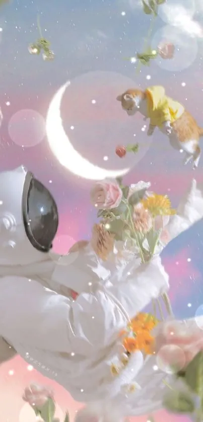 Astronaut and cat float in pastel sky with flowers.