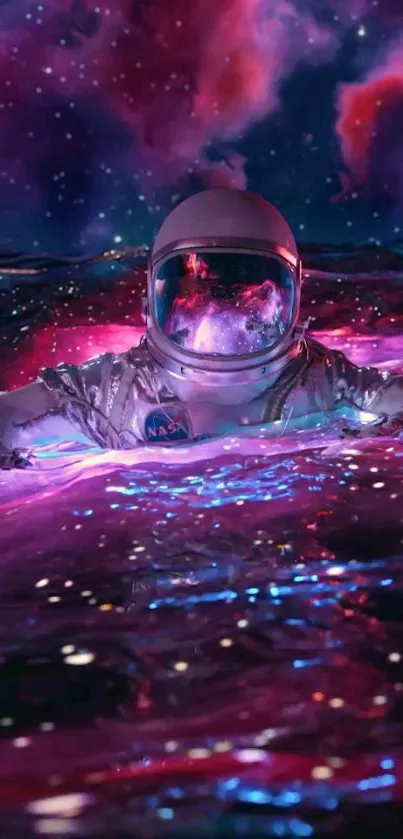 Astronaut floating in cosmic dreamscape with purple hues.