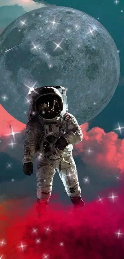 Astronaut floats amidst colorful clouds with moon backdrop and stars.