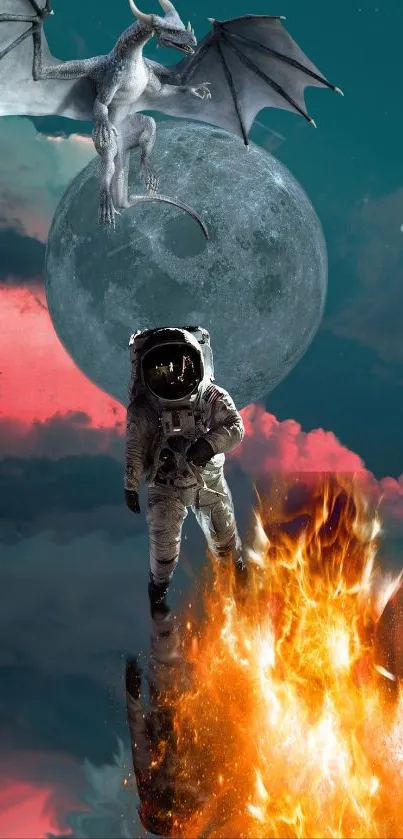 Astronaut under moon with reflection in dreamscape wallpaper.