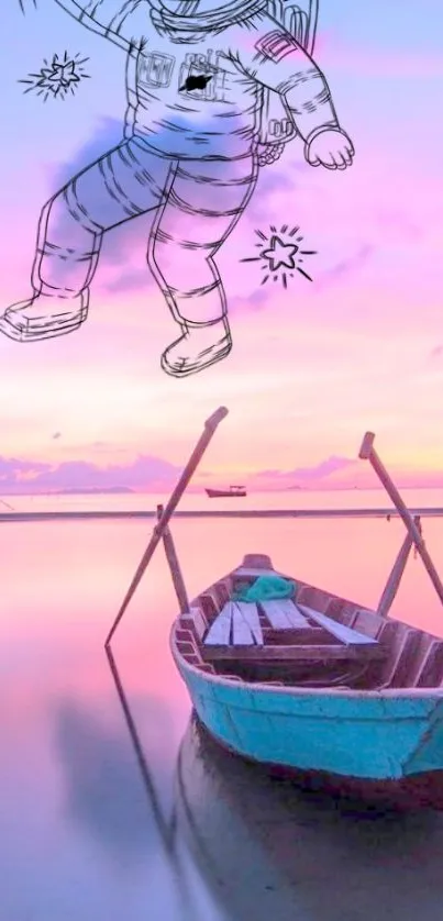 Surreal astronaut and boat scene at sunset with vivid pink skies.