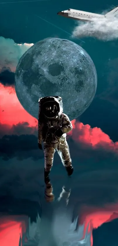 Astronaut with moon and shuttle in a surreal cosmic landscape.