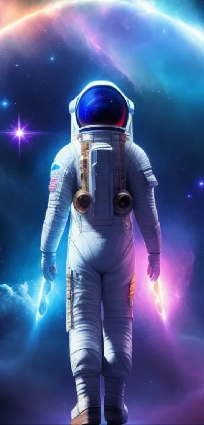 Vibrant wallpaper of an astronaut in a cosmic dreamscape.