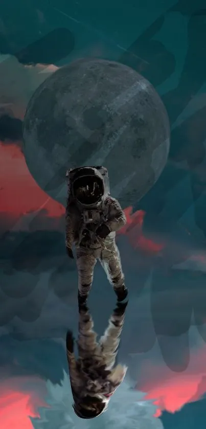 Astronaut reflected with moon and vivid sky in surreal landscape.