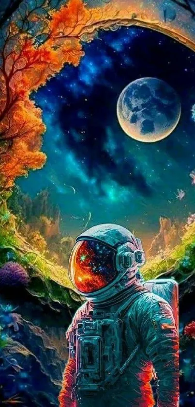 Astronaut standing in vibrant cosmic landscape with moon.