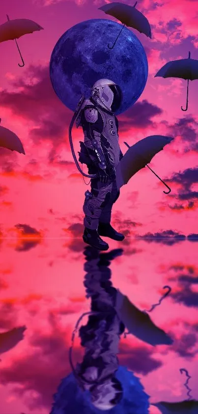 Surreal wallpaper with astronaut, purple skies, and floating umbrellas.