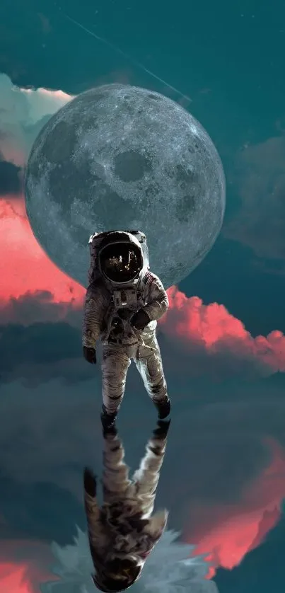 Surreal wallpaper featuring an astronaut with a moon and clouds in the background.