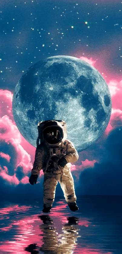 Astronaut in a surreal landscape with pink clouds and a blue moon.