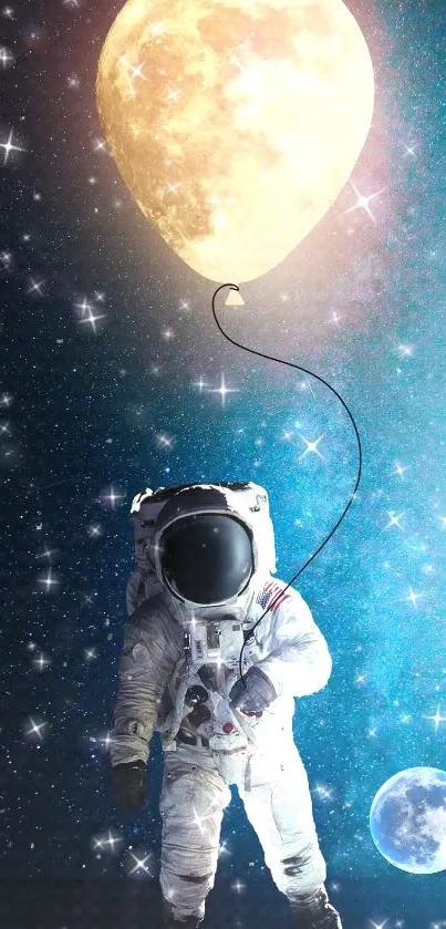 Astronaut floating in space with moon balloon.