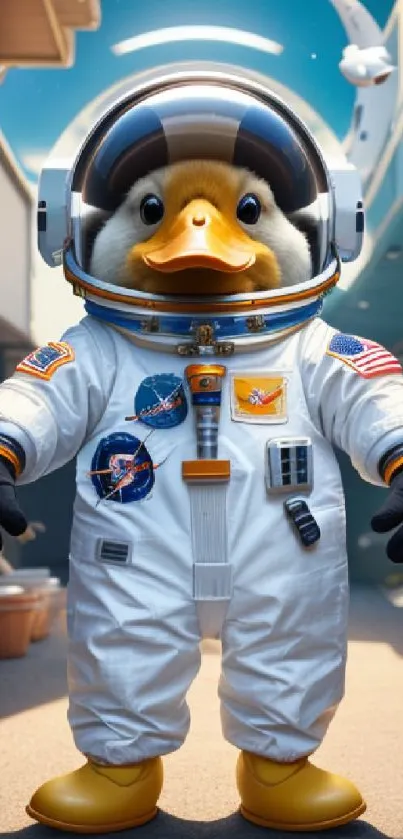 An adorable duck in an astronaut suit stands in a playful, cosmic setting.