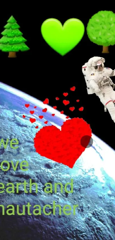 Astronaut floating above Earth with nature and love symbols.