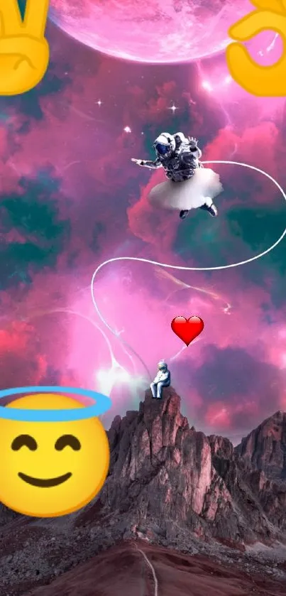 Surreal fantasy wallpaper with astronauts and emojis in a cosmic pink sky.