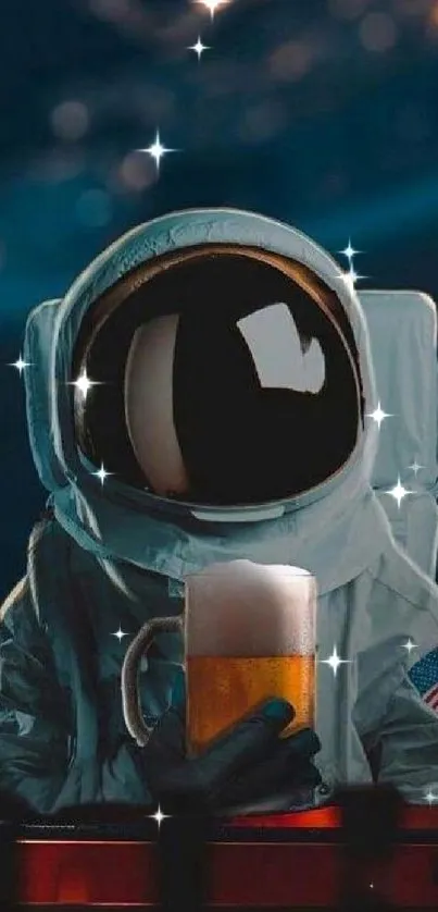 Astronaut relaxing with a drink in space-themed mobile wallpaper.