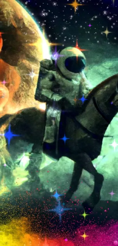 Astronaut on a horse with a cosmic, colorful background.